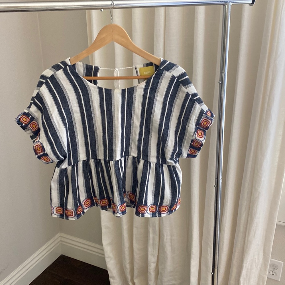 MAEVE by Anthropologie embroidered striped top, tassel tie in the back Size M